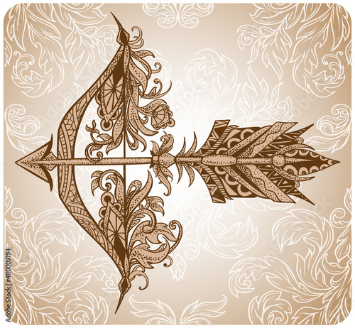 Bow with arrow in floral ornament