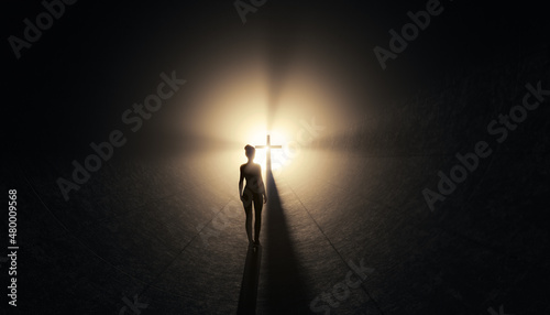 Hope and fear concept. Young woman in dark tunnel looks towards light opening with cross in the background. 3D rendering.