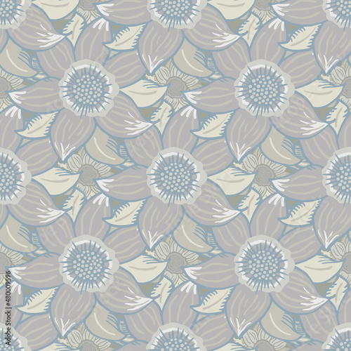 Neutral six petal flower vector seamless pattern. Muted gray beige, blue background with hand drawn flowers and leaves. Overlapping jungle plant motifs. Textural repeat for summer, spring