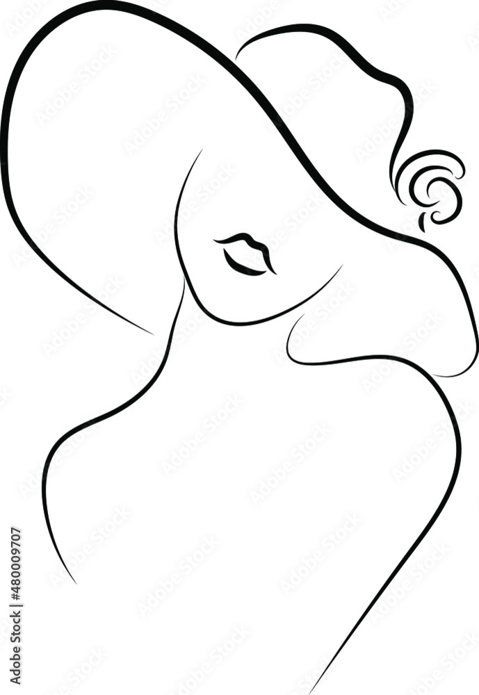 Woman silhouette in the hat black vector outline. Girl in the hat vector black outline. Female silhouette vector Woman silhouette in the hat black vector outline. Girl in the hat vector black outline. Female silhouette vector