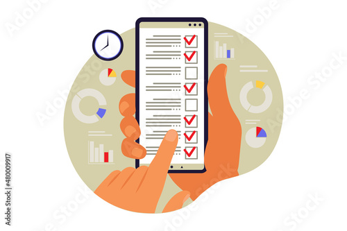 Customers filling up survey form. Vector illustration. Flat