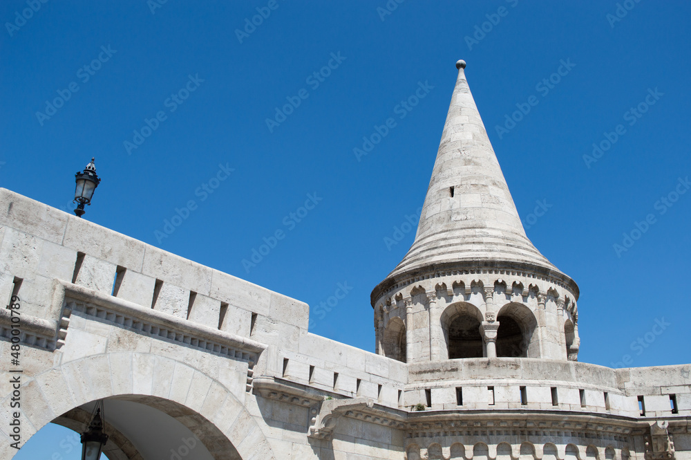 Budapest, Hungary: Detail from touristic attraction Fisherman Bastion in Buda Castle, neo-gothic style stone building with towers