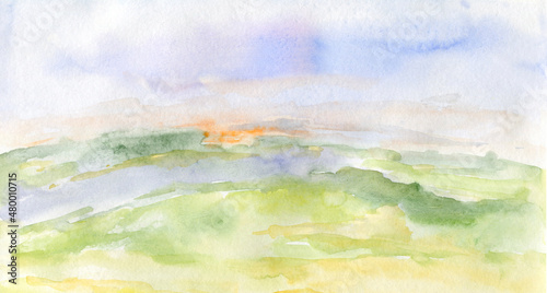 Watercolor background. Summer landscape with fields. © Oksava