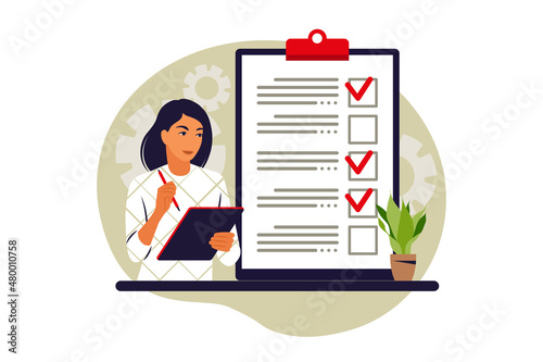 Customers filling up survey form. Vector illustration. Flat
