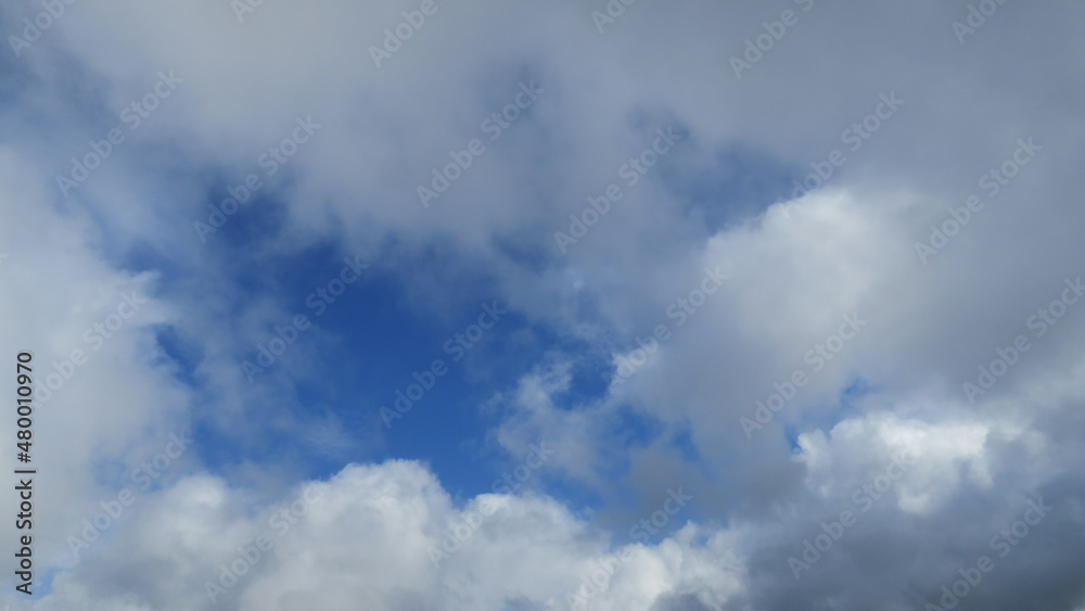 Obraz premium White cloud field with interesting shapes in the blue sky on a sunny day with space for a message