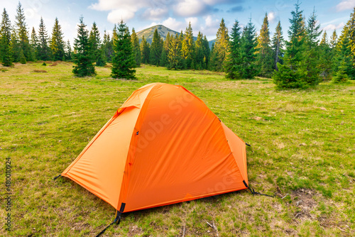 Orange tent camp in green forest © Pavlo Vakhrushev