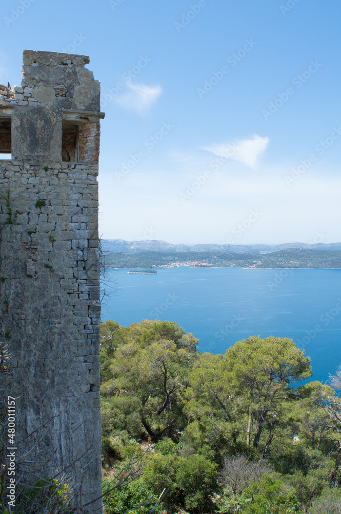 Magnificent view on Croatian islands archipelago from the medieval ruins of St Michel fortress on the hill above the town Preko, island Ugljan, Croatia