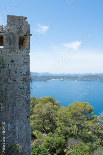 Magnificent view on Croatian islands archipelago from the medieval ruins of St Michel fortress on the hill above the town Preko  island Ugljan  Croatia