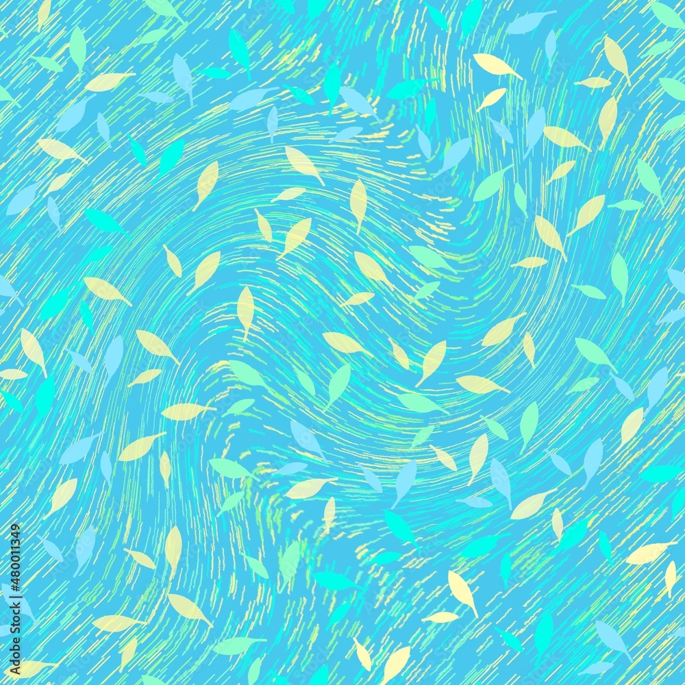 A seamless abstract pattern of multi-colored silhouettes of leaves on a blue background with a whirlwind of subtle colored strokes.