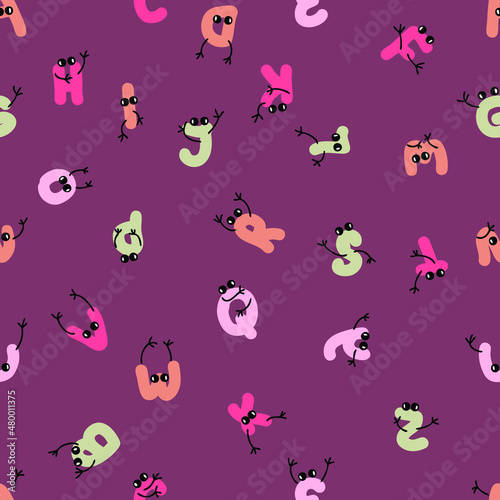Hand drawn seamless pattern with english letters characters. Perfect for T-shirt, postcard, textile and print. Cartoon style vector illustration for decor and design. 
