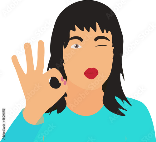 gestos. mujer haciendo un guiño, tirando un beso y realizando un gesto de genial con la mano. Vector sin fondo. fondo transparente