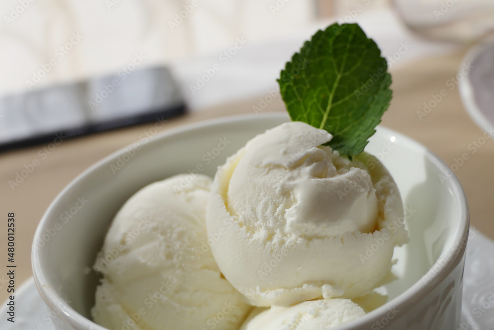 Vanilla Ice Cream Balls with a Mint Leaf in a Cup Vanilla Ice Cream Balls with a Mint Leaf in a Cup