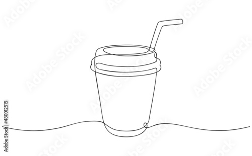 Paper Cup of juice, tea or coffee. Coffee drink made of single continuous line. Coffee to go concept, for fast food cafe design. Vector