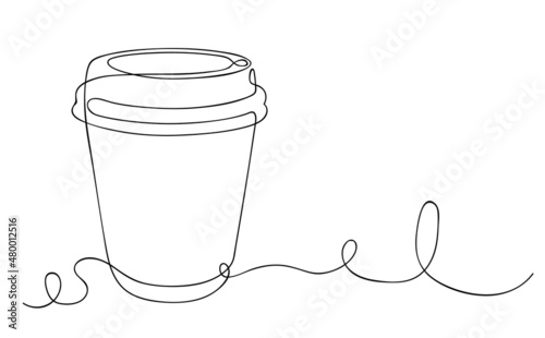 Paper Cup of tea or coffee. Coffee drink made of single continuous line. Coffee to go concept, for fast food cafe design. Vector