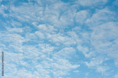 The image with a texture of light, fluffy clouds on the background of a blue sky.