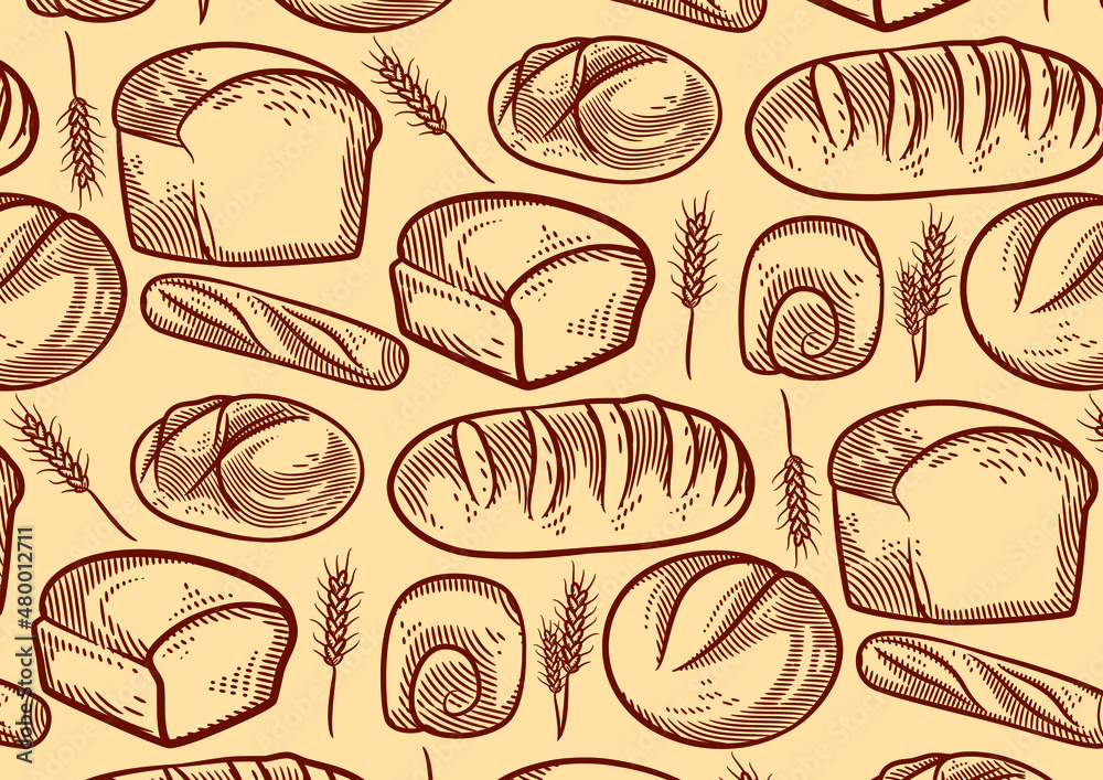 Vintage bakery background with sketched bread vector illustration