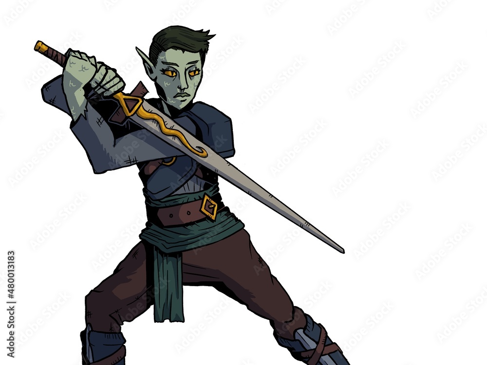 lizard person fighter with sword stands in defensive pose 2d illustration lizard person fighter with sword stands in defensive pose 2d illustration
