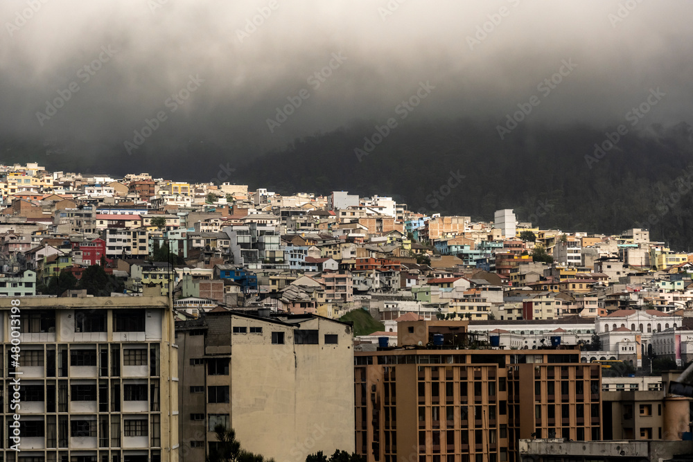 Naklejka premium fragments of urban life in the center of the capital of Quito Ecuador 