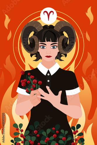 Woman presenting horoscope illustration with astrological zodiac sign Aries. Collection of female magic in cartoon design. Vector illustration by hand.