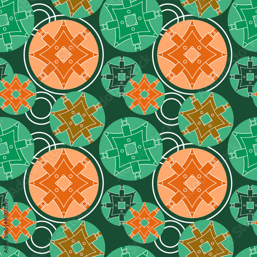Seamless pattern with multicolored round decorative elements on a dark green background. Vector illustration