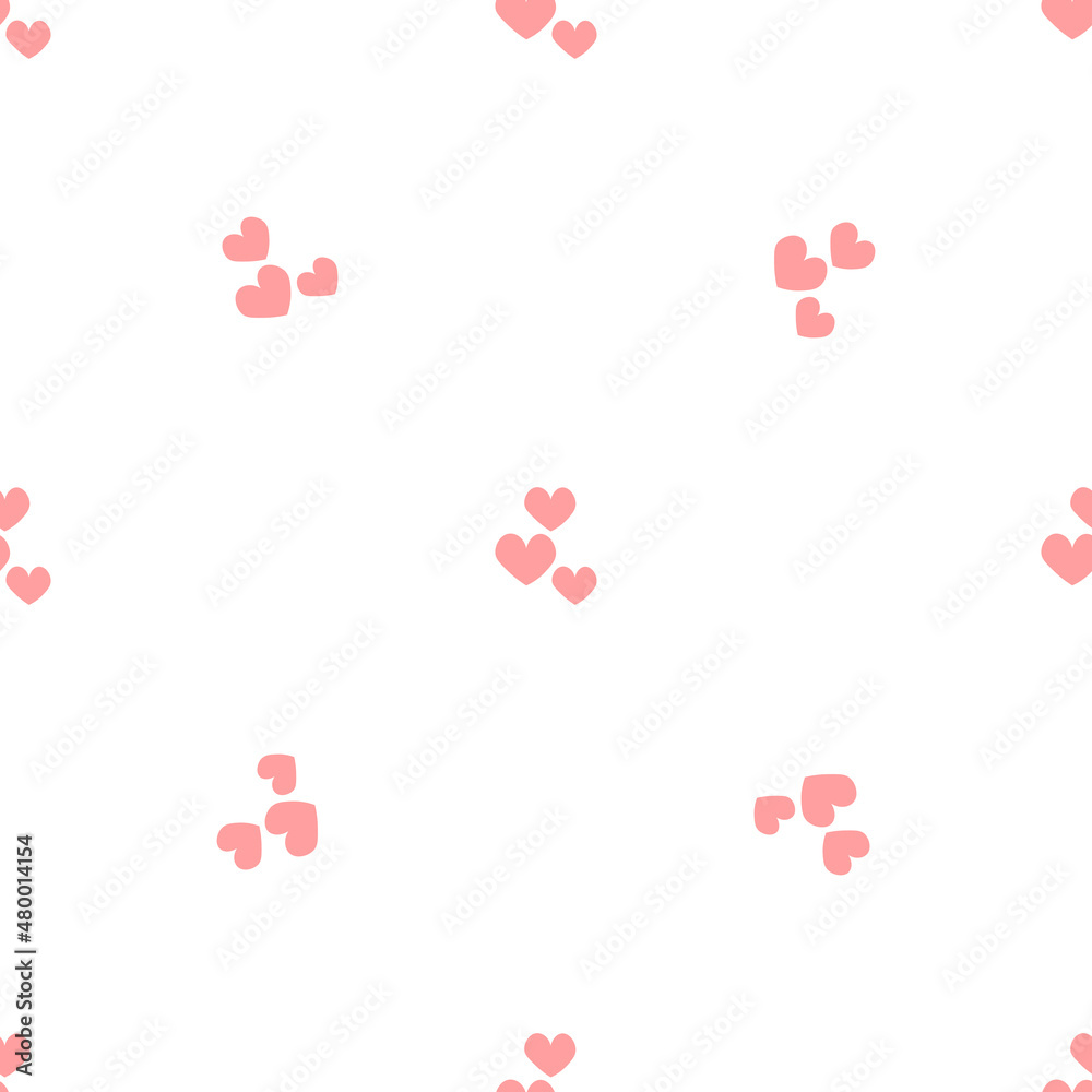 Pink hearts in doodle style. Seamless romantic pattern. Colorful hearts on white vector background. Ready template for design, postcards, print, poster, party, Valentine's day, textile.