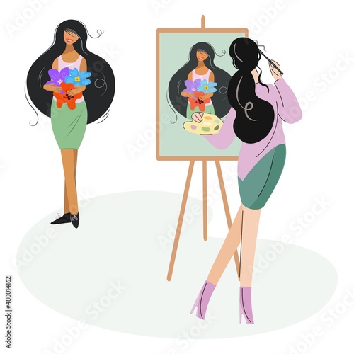 The female artist paints a portrait of a young girl on canvas. A woman paints a female model standing in front of an easel with a bouquet of flowers. Profession or creative hobby. Vector flat style.