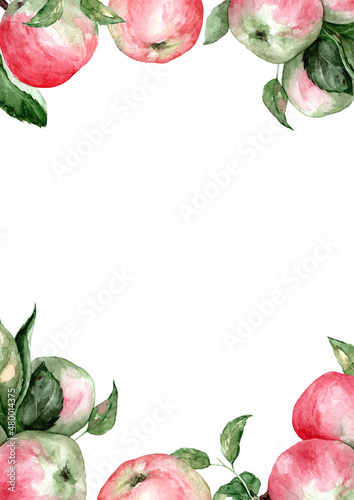 Vertical printable template with red apples. Free space for text. Realistic botanical illustration. Menu template, invitation, hand drawn, fresh juicy food