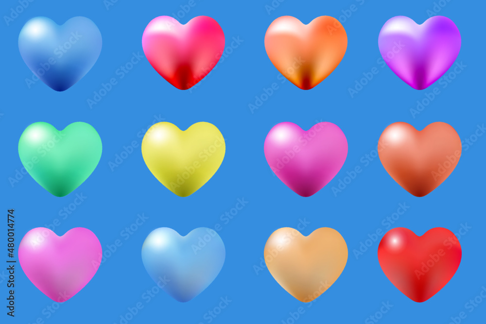 Set of colored realistic hearts on blue background. Ideal for compositions, banner or illustrations