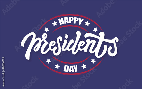 Vector illustration of USA Presidents Day logotype. Hand drawn lettering with stars, celebration text on navy background. Typography poster for American national holiday. Icon, card, badge design