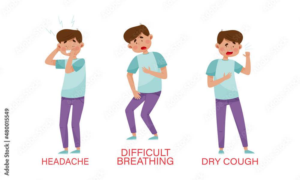 Covid19 symptoms set. Man suffering from headache, difficulty