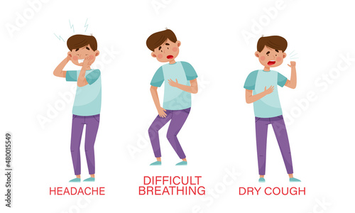 Covid-19 symptoms set. Man suffering from headache, difficulty breathing, dry cough cartoon vector illustration