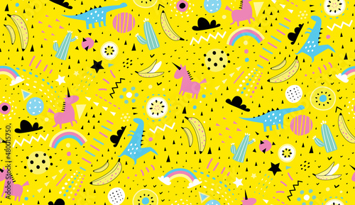 Seamless pattern background with dinosaurs unicorns and rainbows on yellow, repeat pattern for decoration design. Textile print for boys and girls. Trendy style vector hand drawn design.