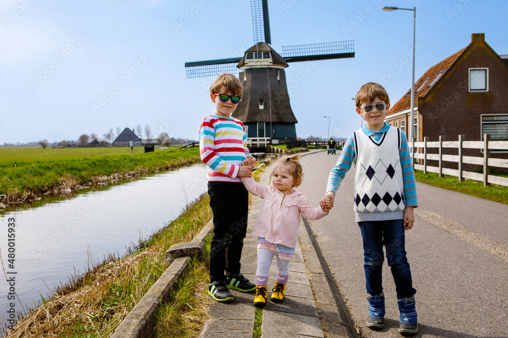 Two school kids boys and little baby girl walking on street with big windmill in Netherlands. Family of three children making vacations in Holland. Happy siblings holding hands.