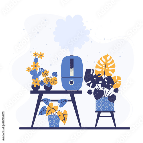 Modern ultrasonic humidifier. Humidifier and houseplants. Climatic equipment for home and office. Modern humidifier in the interior. Vector illustration in a flat style.