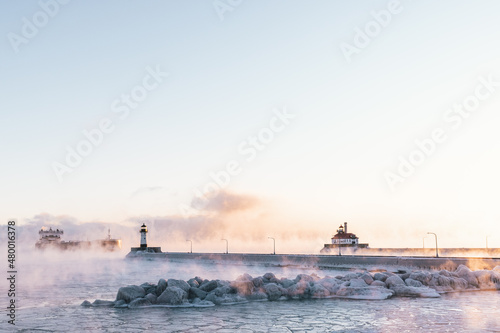 Ship in Duluth Minnesota Cold - Temp Sea Smoke MN 