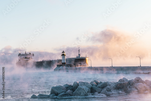 Ship in Duluth Minnesota Cold - Temp Sea Smoke MN 