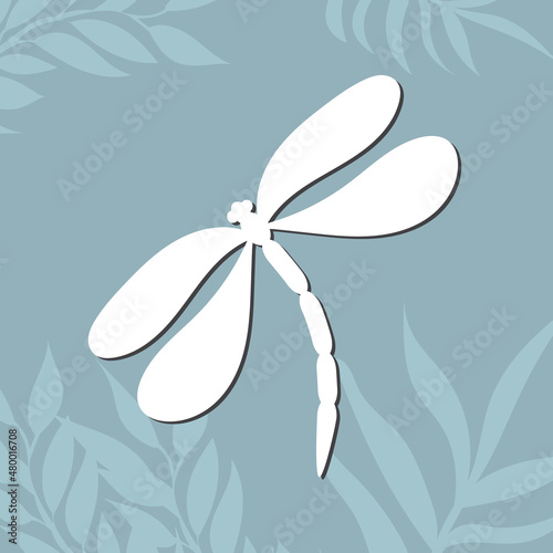 dragonfly white silhouette on floral background, isolated, vector