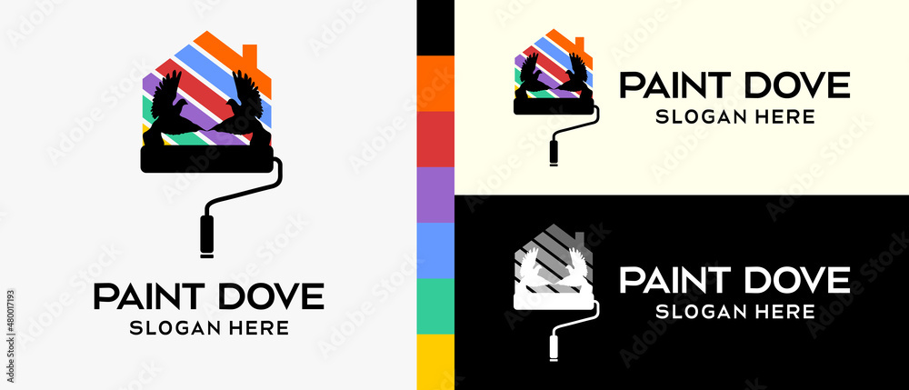 cool building paint logo design template. paintbrush and dove with silhouette and house icon in rainbow colors concept. vector illustration of a logo for wall or building paint. Premium Vector