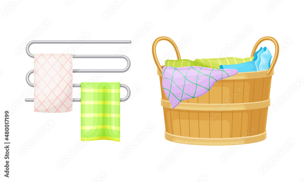 Bath accessories set. Laundry basket, heated towel rail vector illustration Bath accessories set. Laundry basket, heated towel rail vector illustration