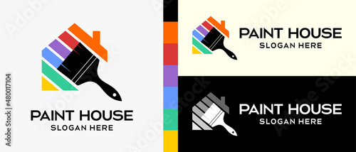 cool building paint logo design template. paintbrush with silhouette and house icon in rainbow colors concept. vector illustration of a logo for wall or building paint. Premium Vector
