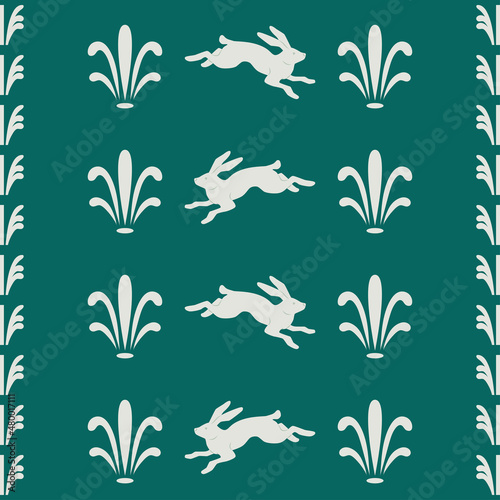 Vector seamless pattern in Gothic style. Jumping hare, plant elements, vertical design, green. Wallpaper, wrapping, paper, textiles.