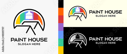 cool building paint logo design template. paintbrush with silhouette and house icon in line art style. vector illustration of a logo for wall or building paint. Premium Vector