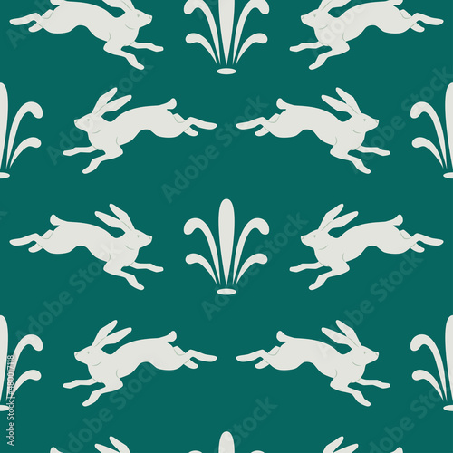 Vector seamless pattern in Gothic style. Jumping hare, plant elements, vertical design, green. Wallpaper, wrapping, paper, textiles.