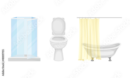 Bath furniture set. Shower cubicle, toilet bowl, bathtub vector illustration