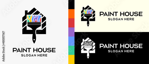 cool building paint logo design template. paintbrush and house in silhouette with rainbow color concept elements. vector illustration of a logo for wall or building paint. Premium Vector