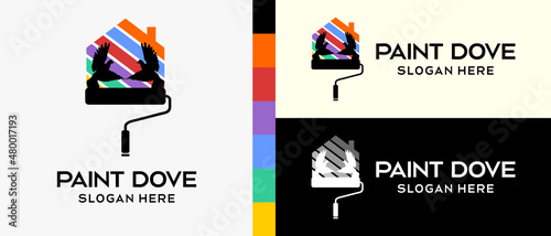 cool building paint logo design template. paintbrush and dove with silhouette and house icon in rainbow colors concept. vector illustration of a logo for wall or building paint. Premium Vector