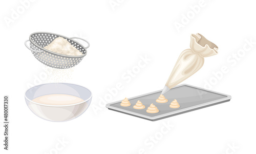 Baking utensils and cooking ingredients set. Pastry bag, sieve, tray vector illustration