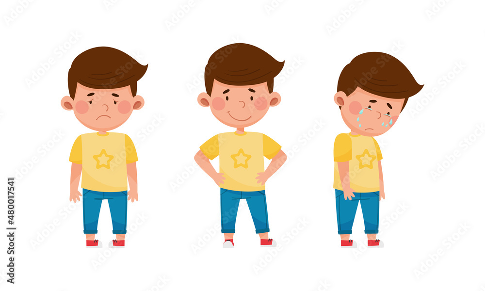 Cute boy showing different emotions set. Kid with unhappy, cheerful, upse face expression cartoon vector illustration Cute boy showing different emotions set. Kid with unhappy, cheerful, upse face expression cartoon vector illustration