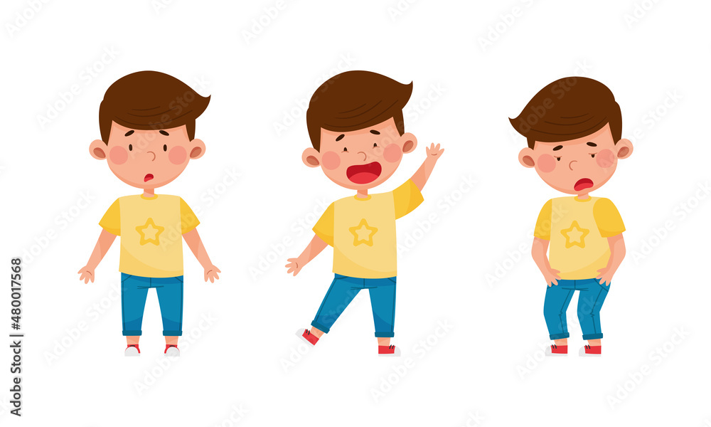 Cute boy showing different emotions set. Kid with surprised, bored and happy face expression cartoon vector illustration Cute boy showing different emotions set. Kid with surprised, bored and happy face expression cartoon vector illustration