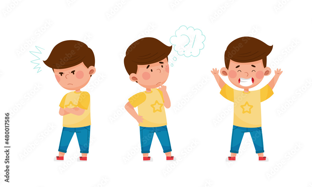 Cute boy showing different emotions set. Kid with angry, thoughtful and ecstatic face expression cartoon vector illustration
